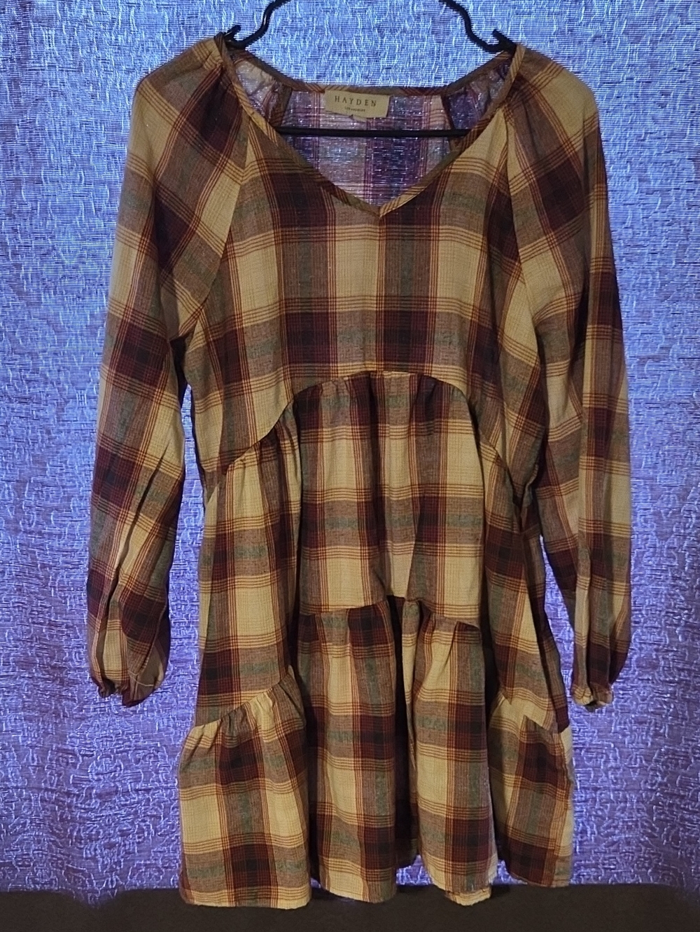 Hayden Plaid Tiered Mini Dress in Mustard, Brown & Olive